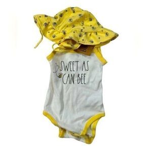 NWT Rae Dunn Baby Girls White/Yellow Bee Tank One Piece w/Yellow Hat - Size 6-9M